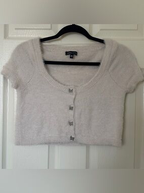 PacSun Fuzzy Cropped Cardigan XS Cream Butterfly Rhinestone Button Y2K Top Soft